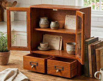 Wood Countertop Storage Cabinet with Glass Doors, 2 Drawers, 12x14 Inch