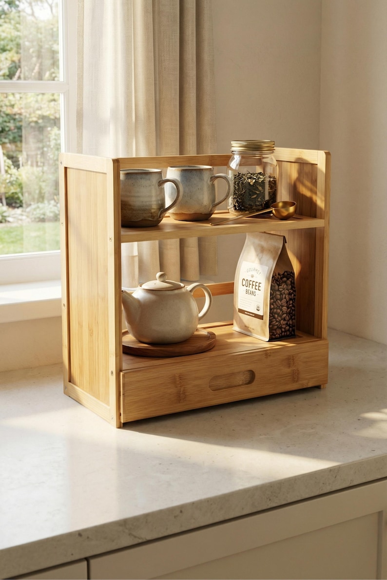 Bamboo counter organizer in sunlight with mugs and tea jar displayed on two shelves and drawer below.