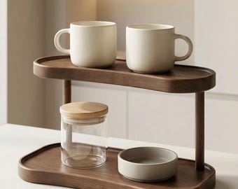 Two Tier Wooden Organizer Stand | Countertop Tray Riser for Vanity or Coffee Bar | Minimal Bathroom & Kitchen Storage | Small or Large