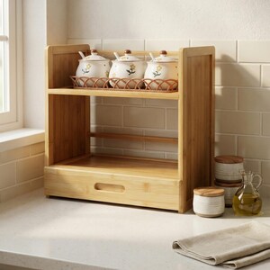 Bamboo countertop shelf organizer on a kitchen counter styled with canisters and small serving set.