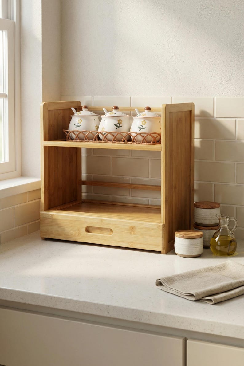 Bamboo countertop shelf organizer on a kitchen counter styled with canisters and small serving set.