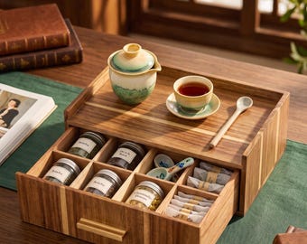 Natural Hardwood Tea Organizer Box, Japandi Coffee Bar Storage Drawer
