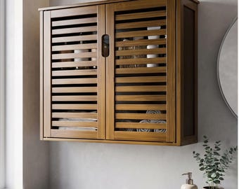 Wall Mounted Bamboo Cabinet, Slatted Door Storage, Medicine Cupboard, Apothecary Organizer