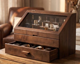 Illuminated Wooden Cologne Display Stand, Mid-Century Modern Perfume Organizer Box