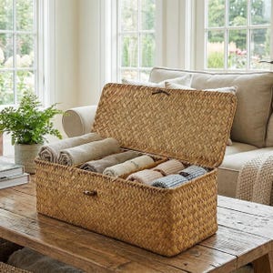 May include: A rectangular woven storage basket with a hinged lid, filled with rolled-up towels. The basket is made of light brown woven material and sits on a wooden table. The towels are various neutral colors.