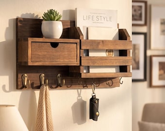 Solid Wood Mail Holder • Key Hooks • Modern Farmhouse  Entryway Organizer