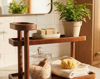 Bamboo Bathroom Counter Organizer, 2 Tier Vanity Shelf Stand for Perfume & Skincare, Minimalist Countertop Storage for Kitchen or Office