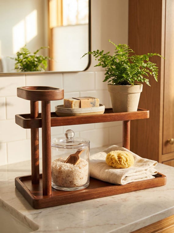 Bamboo Bathroom Counter Organizer, 2 Tier Vanity Shelf Stand for