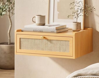 Boho Floating Nightstand with Rattan Drawer, Mid Century Wood Shelf Storage