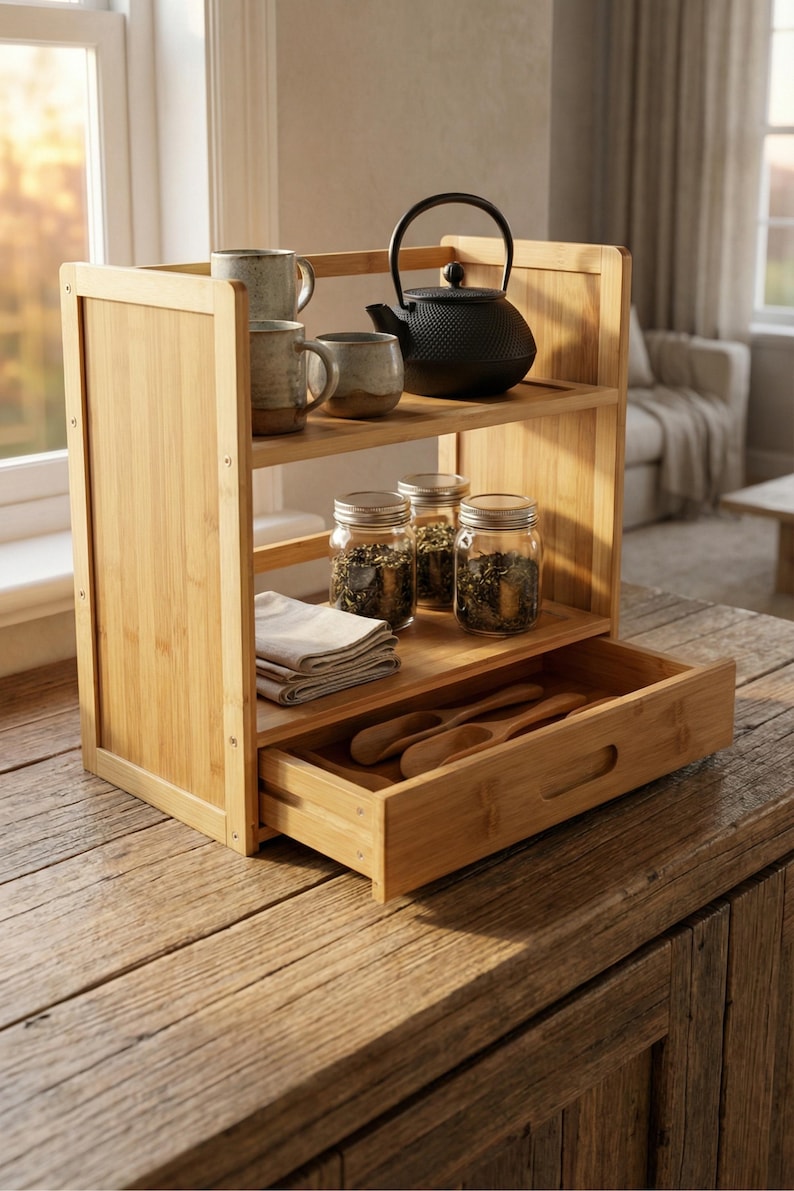 Bamboo two-tier organizer with drawer open on a wooden table holding tea jars and utensils.