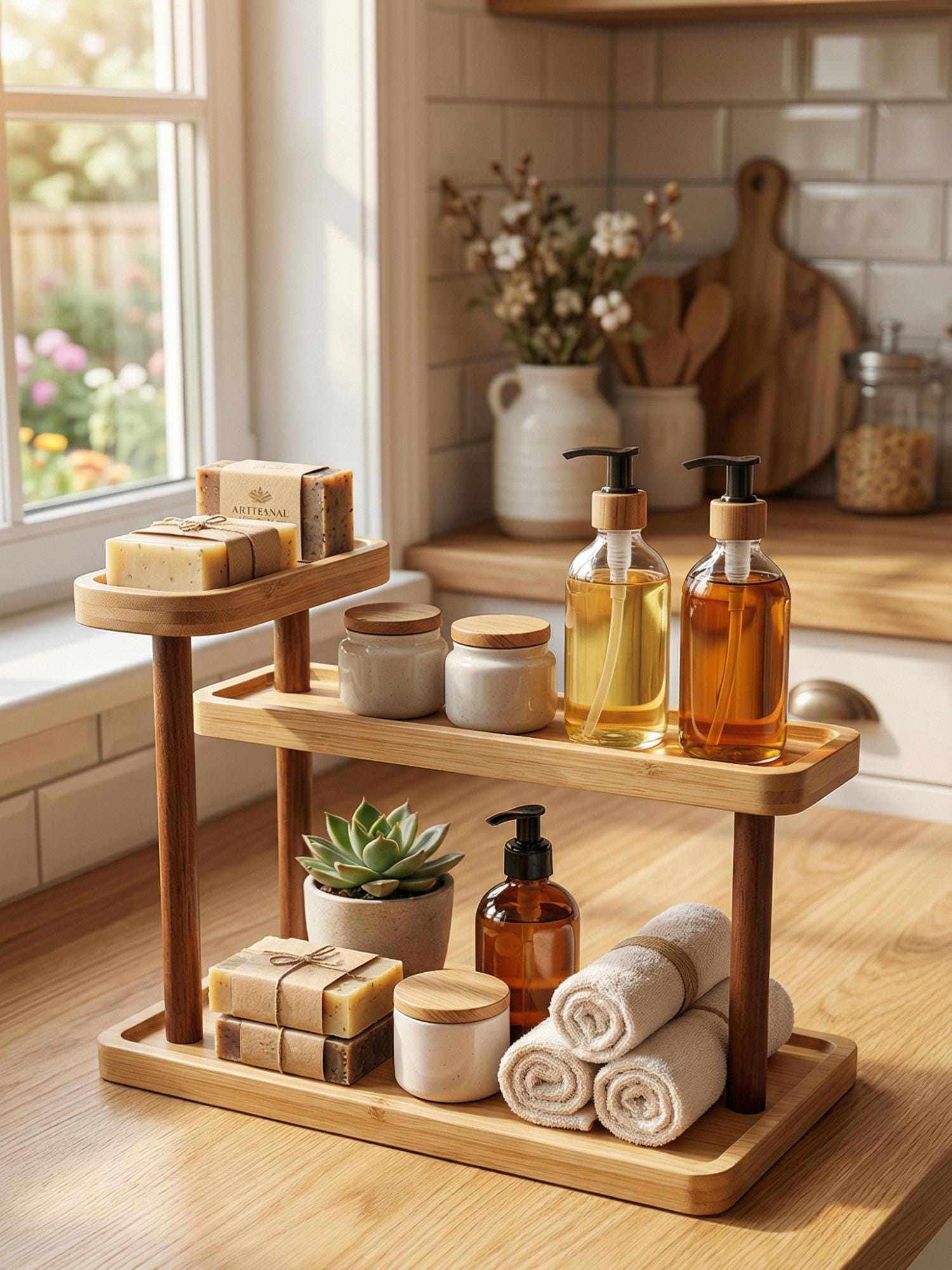 Bamboo Bathroom Counter Organizer, 2 Tier Vanity Shelf Stand for