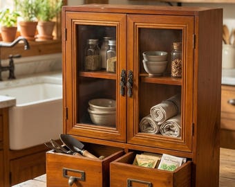Wood Countertop Storage Cabinet with Glass Doors, 2 Drawers, 12x14 Inch
