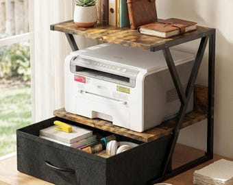 Desktop Printer Stand with Drawer, 2 Tier Desk Organizer Shelf, Rustic Wood Look & Metal Frame, Space-Saving Home Office Storage