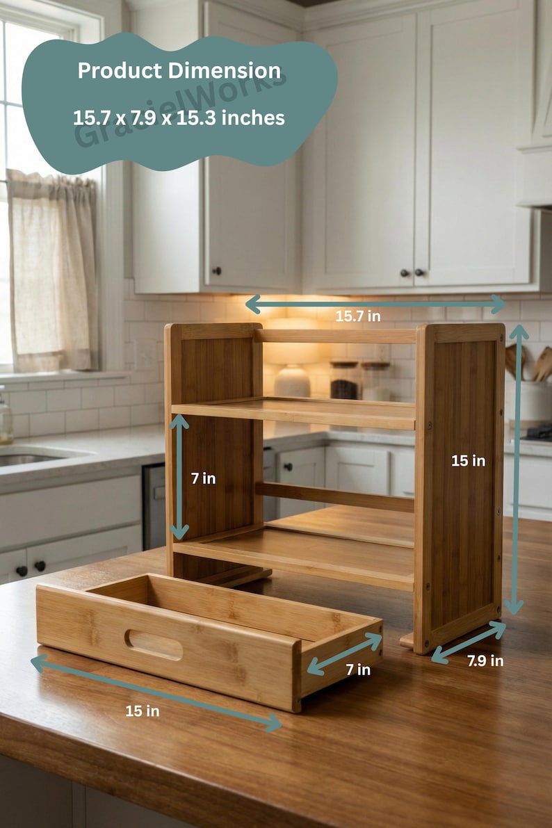 Measurement graphic showing countertop organizer dimensions and removable drawer layout on a kitchen counter.