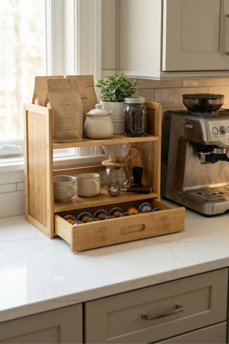 Coffee bar organizer beside an espresso machine with pull-out drawer open showing capsule storage.