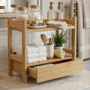 2 Tier Wooden Countertop Organizer & Bottle Display Shelf - Space Saving Brown Rack For Kitchen Or Bar