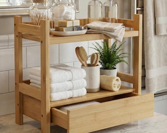 Bamboo Countertop Organizer Shelf with Drawer, 2-Tier Vanity Storage, Small/Large