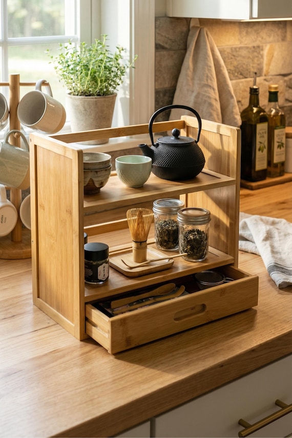 Countertop organizer with drawer keeps coffee, tea, and spices tidy