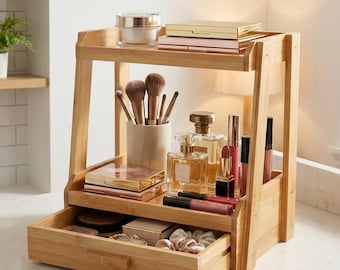 Bamboo makeup organizer with drawer two-tier counter storage for vanity, bathroom, or dresser
