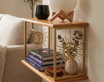Celestial Sunburst Moon Floating Nightstand – Two Tier Wooden Wall Shelf