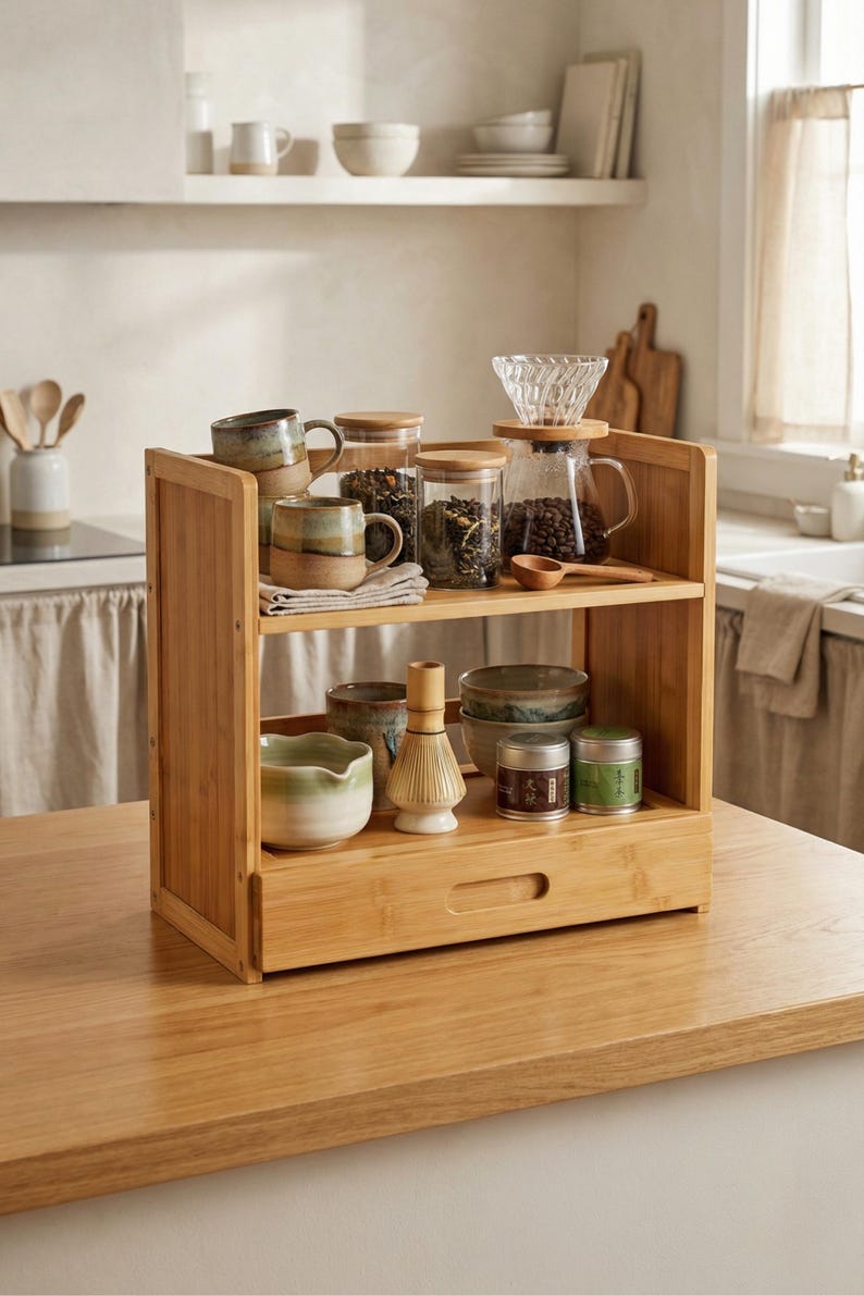 Bamboo countertop organizer with two shelves and pull-out drawer styled as a coffee and tea station.