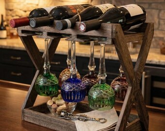 Countertop Wine Rack with Glass Holder, Rustic Tabletop Bottle Organizer with Hanging Stemware Storage & Tray, Walnut Finish