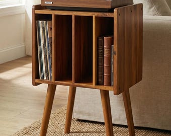 Table Storage Cabinet Vinyl Record Stand Turntable Mid-Century Acacia Wood Organizer
