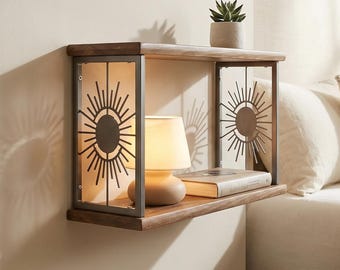Celestial Floating Nightstand: Sun Moon Wood Bedside Shelf Wiccan Display