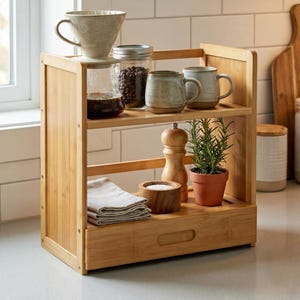 Side angle of bamboo kitchen counter shelf organizer holding mugs and jars on a bright countertop.