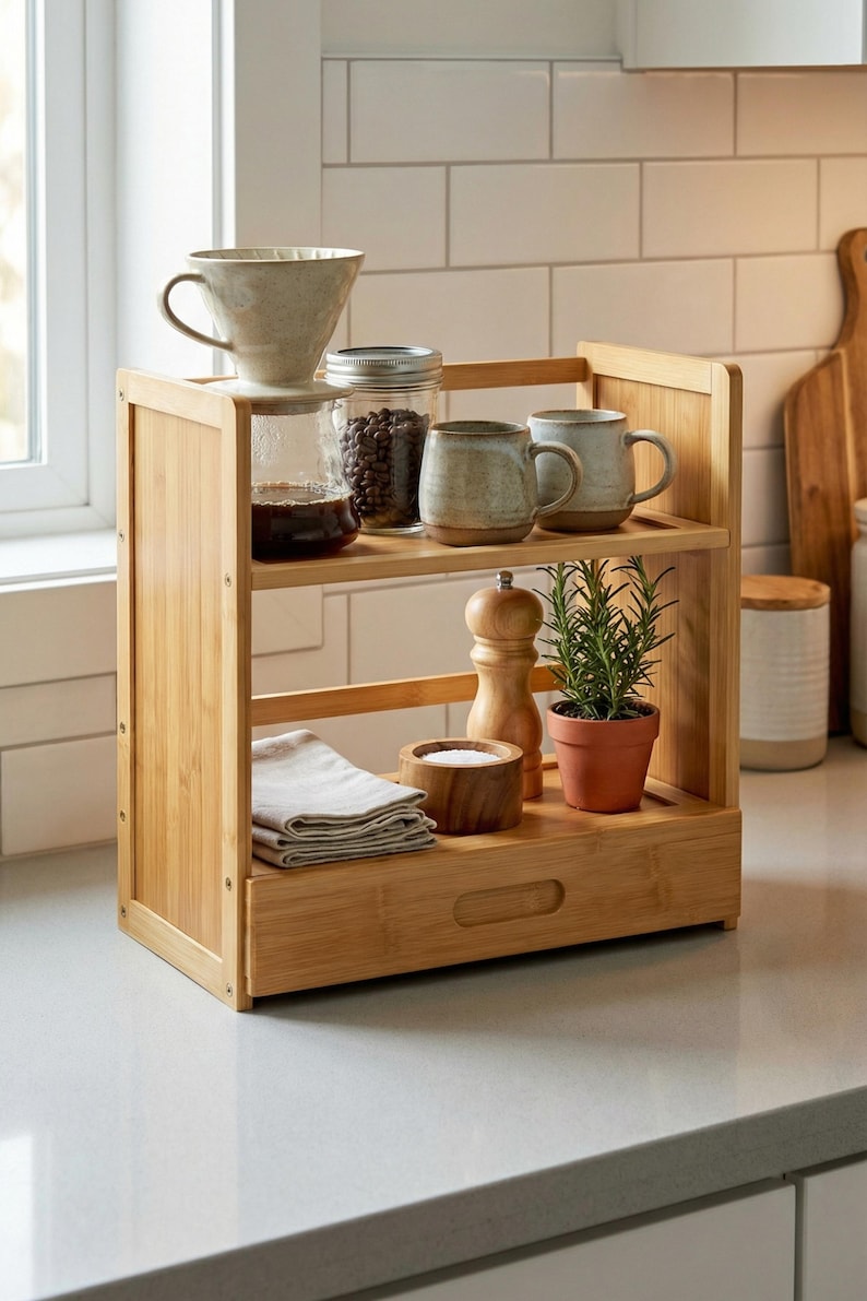 Side angle of bamboo kitchen counter shelf organizer holding mugs and jars on a bright countertop.
