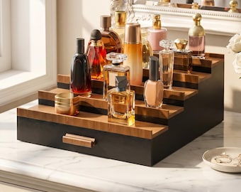 Bamboo Wood Perfume Stand, 5-Tier Fragrance Display Shelf with Drawer