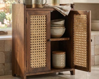 Rattan Door Countertop Storage Cabinet, Wood Organizer for Kitchen or Bathroom