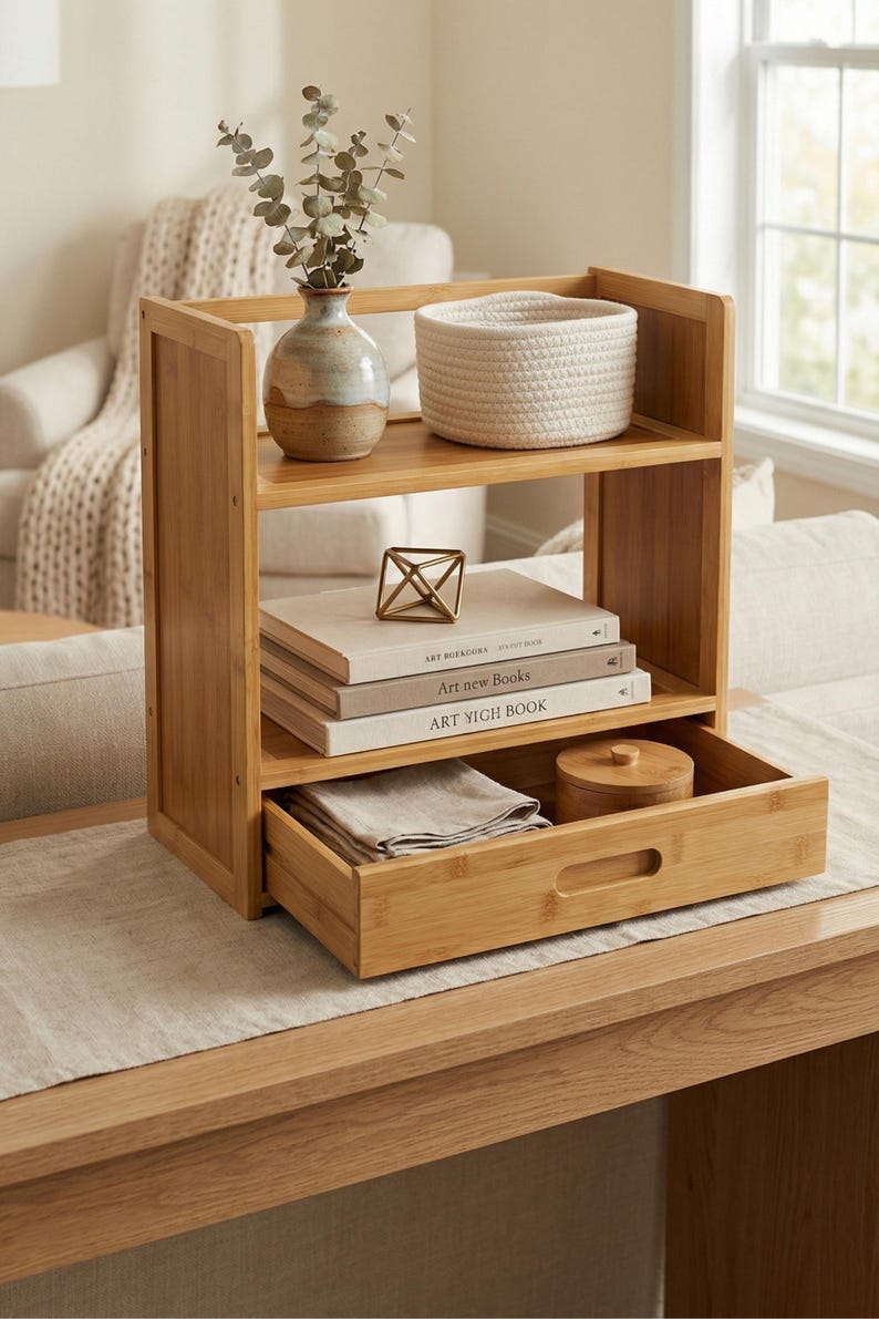 Bamboo organizer with pull-out drawer used as a tabletop bookshelf and decor organizer in a living space.