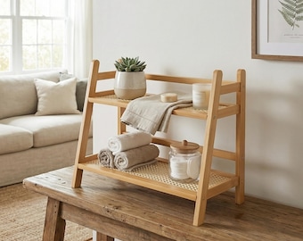 2-Tier Wooden Ladder Shelf, Woven Countertop Organizer (17.7 in)