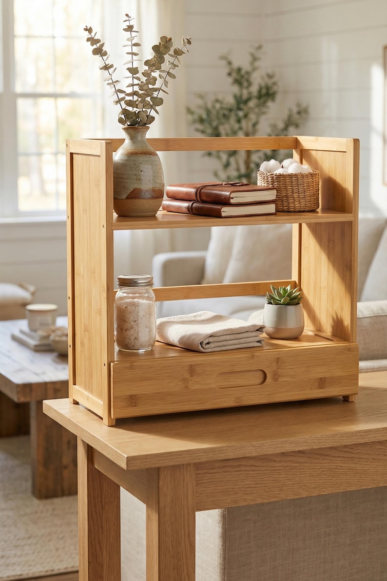 Bamboo countertop organizer with drawer styled with books, vase, and small decor items on a table.