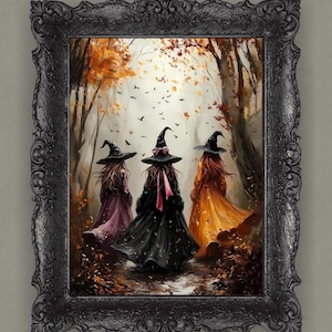 Three Witches Wall Art Printable – Halloween Forest Decor, Autumn Witch Sisters Print, Witchy October Artwork, Fall Season Digital Download