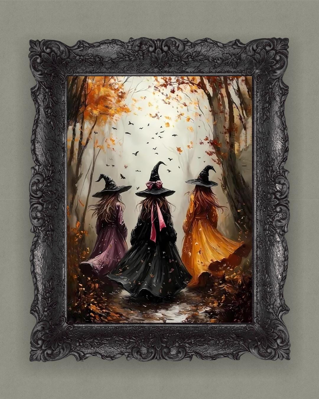 Three Witches Halloween Print: Autumn Forest Scene (digital