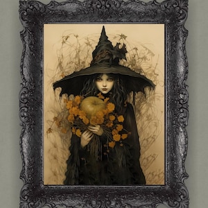 Cozy Autumn Witch Art Print - Enchanting Halloween Decor, Rustic Cottagecore Wall Hanging, Magical Fall Illustration | Digital Download