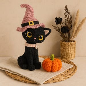 Black Cat Crochet Pattern PDF, Halloween Amigurumi Witch Cat with Hat, Cute Plush Crochet Toy, Digital Crochet Tutorial