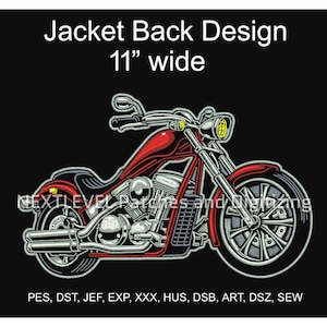 May include: A red and silver motorcycle design, 11 inches wide, for a jacket back. The image features a detailed illustration of a classic motorcycle with a black background. The text "Jacket Back Design" is at the top.