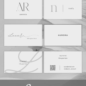 Puede incluir: Seis dise&ntilde;os de tarjetas de visita sobre un fondo blanco. Las tarjetas presentan logotipos y texto minimalistas, incluyendo "AR aurora", "n nielu", "AURORA" y "Lueur title goes here". Tambi&eacute;n se muestra un c&oacute;digo QR e informaci&oacute;n de contacto.