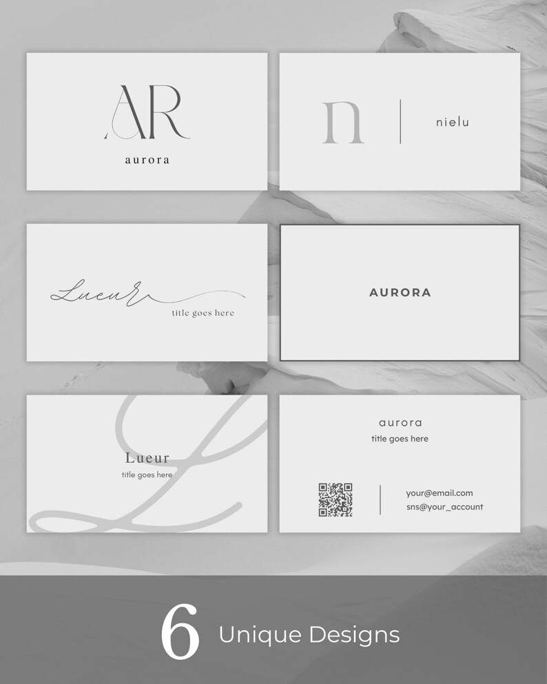 Puede incluir: Seis dise&ntilde;os de tarjetas de visita sobre un fondo blanco. Las tarjetas presentan logotipos y texto minimalistas, incluyendo "AR aurora", "n nielu", "AURORA" y "Lueur title goes here". Tambi&eacute;n se muestra un c&oacute;digo QR e informaci&oacute;n de contacto.