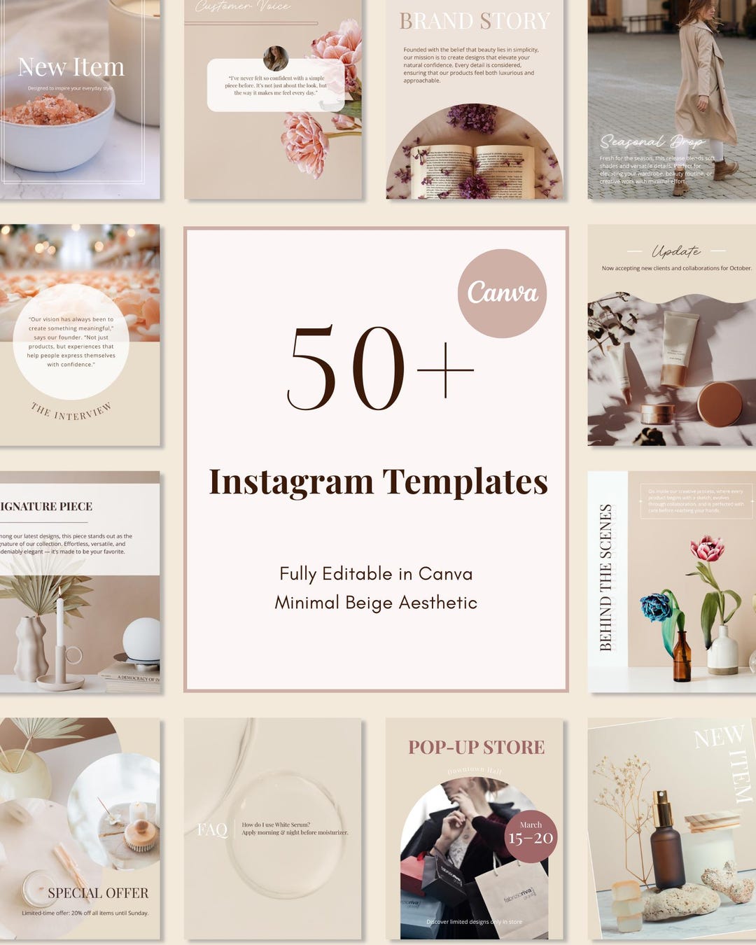 50 Beige Instagram Templates Minimal Canva Story Post Bundle Etsy
