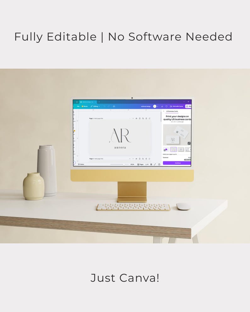 Puede incluir: Un monitor de computadora dorado que muestra un dise&ntilde;o con las letras "AR" y la palabra "aurora". Tambi&eacute;n se ve el texto "Fully Editable | No Software Needed" y "Just Canva!". Un teclado, un rat&oacute;n y jarrones blancos est&aacute;n sobre el escritorio blanco.