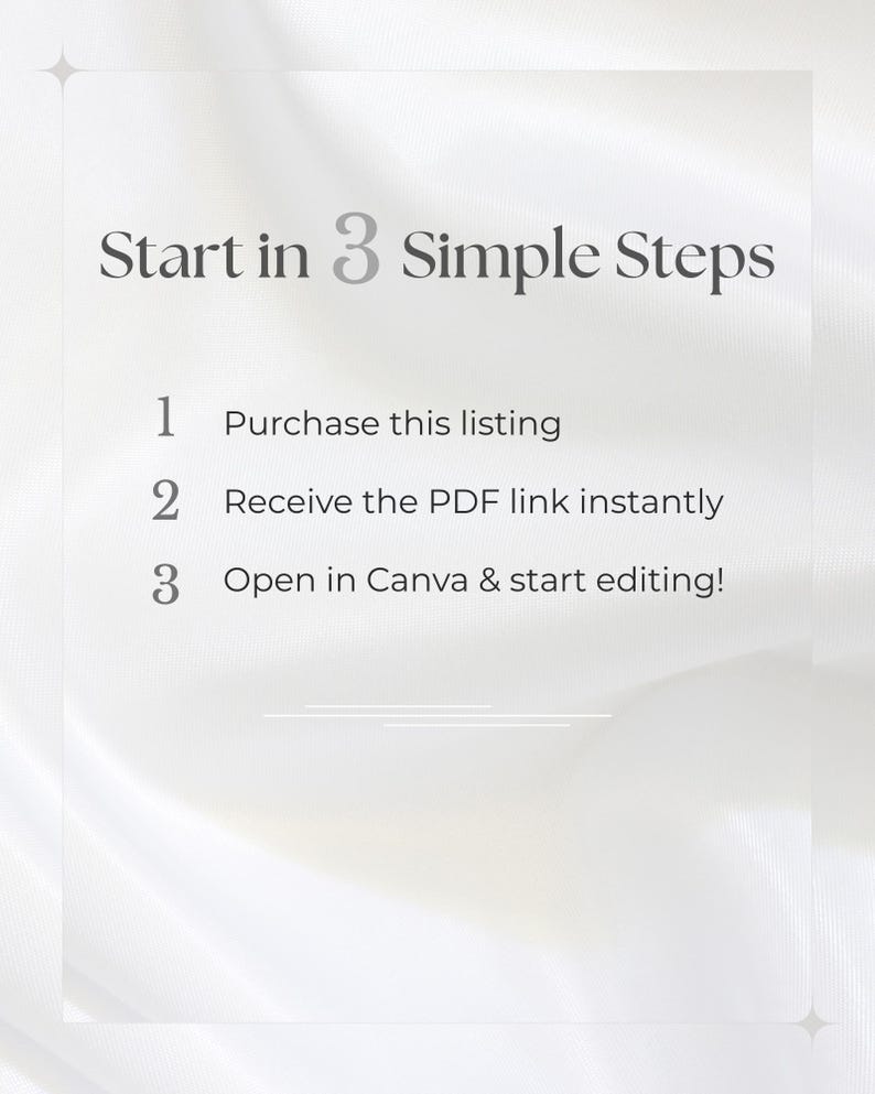 Puede incluir: Gr&aacute;fico blanco con el texto "Start in 3 Simple Steps". Los pasos son: Compra este listado, Recibe el enlace PDF al instante y Abre en Canva y empieza a editar!