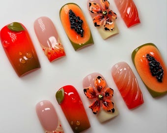 Tropical Papaya 3D Press On Nails: Handmade Fruit Floral Nail Set