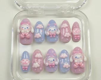 Kawaii Pastel Pink Blue 3D Nails with Bow & Cloud, Cute Fake Nails