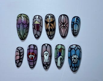 Halloween Stained Glass Press On Nails: Gothic Spooky Nail Art