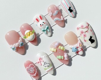 Kawaii Easter Bunny 3D Press On Nails | Pastel Spring Nail Set with Chick, Candy Charms, Sakura & Pearls | Cute Handmade Nails