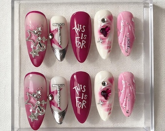 TWICE Kpop Press On Nails Pink Red – This Is For Twice Inspired 3D Heart Glitter Fake Nails